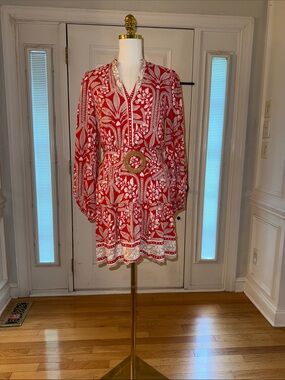 Red and White Floral Print Long Sleeve Mini Dress